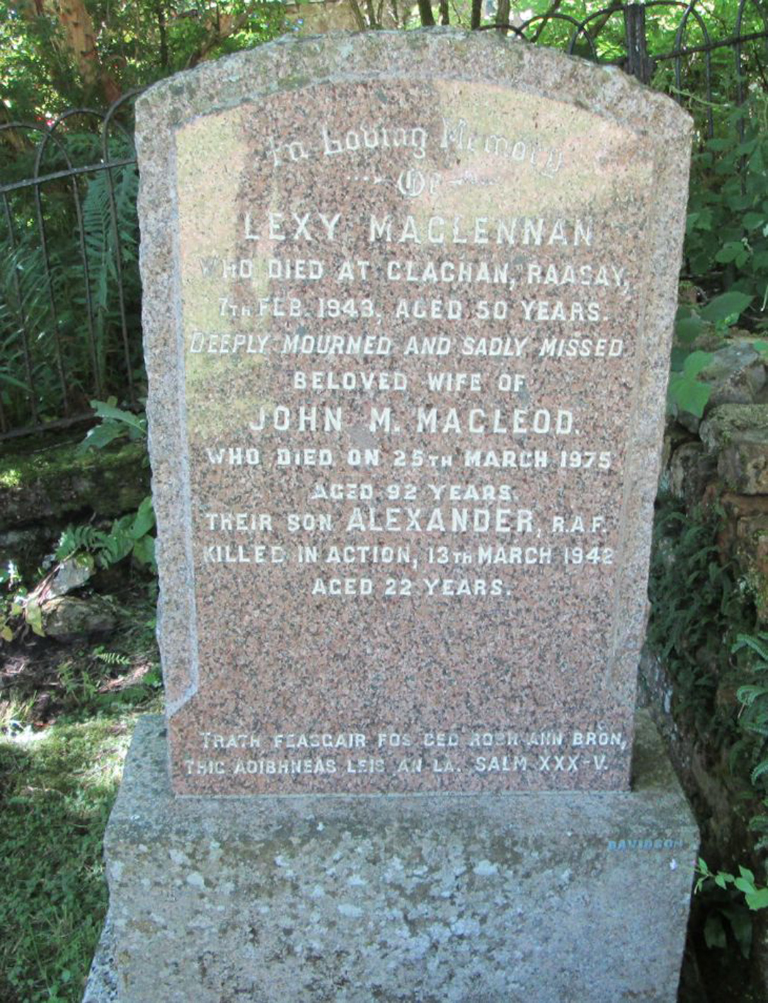 Photo of headstones/Lexy MacLennan died 1943 MI Raasay St Moluag's
